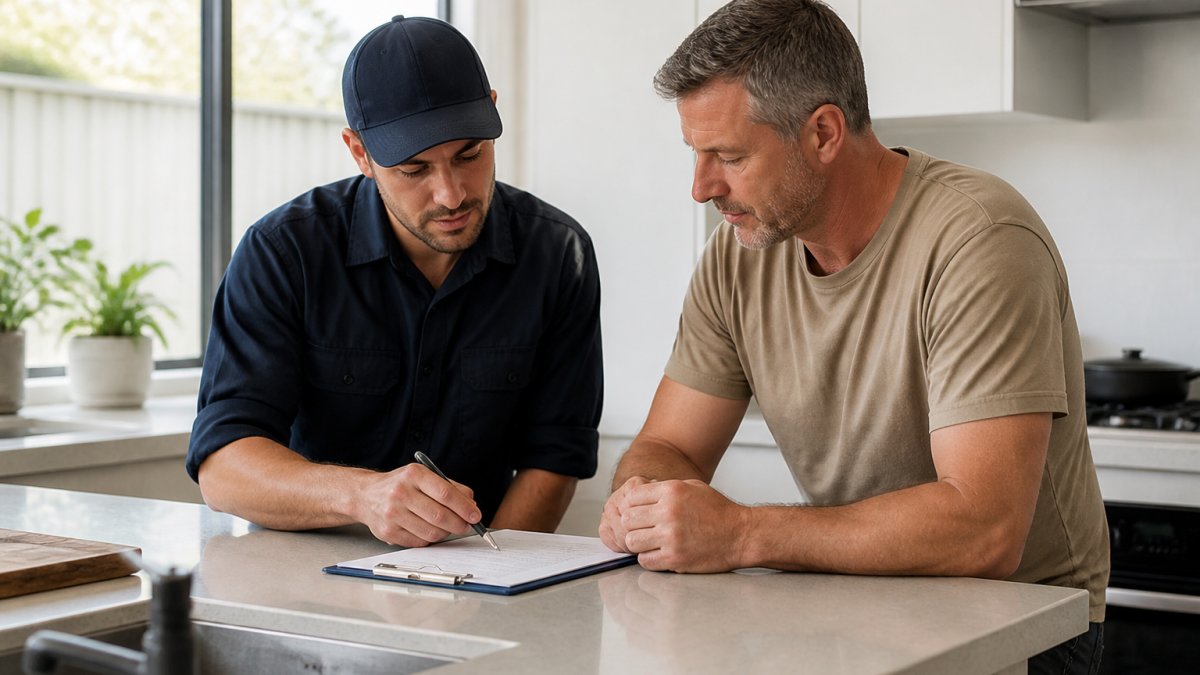 A homeowner and a plumber in work clothes reviewing a printed quote together at a kitchen bench, clipboard and pen in hand, bright natural morning light through a window